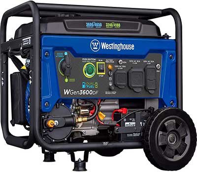 Westinghouse Outdoor Power Equipment WGen3600DF Dual Fuel (Gas and Propane) Electric Start Portable Generator 3600 Rated 4650 Peak Watts, RV Ready, CARB Compliant